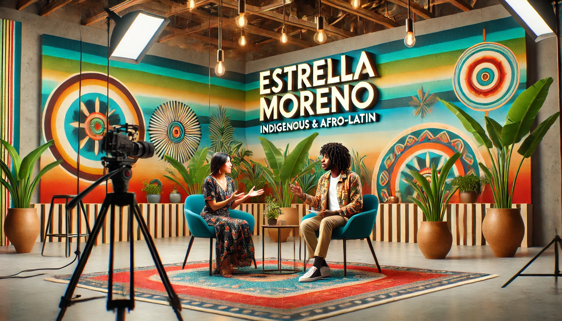 DALL·E 2024-11-16 08.53.08 - A hyper-realistic studio backdrop for 'Estrella Moreno', an Indigenous and Afro-Latin media company, featuring two people engaged in an interview. The