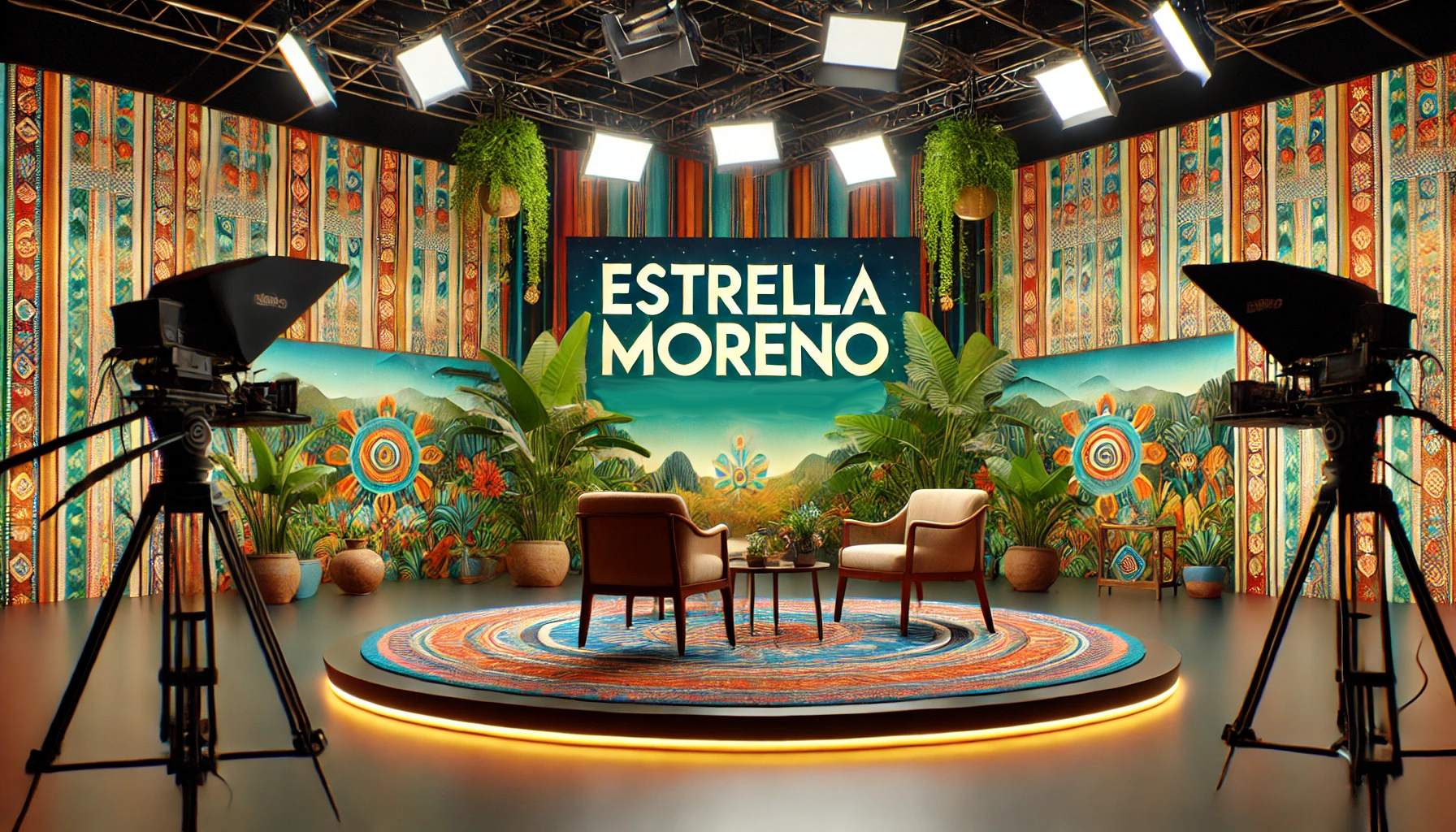 DALL·E 2024-11-16 08.53.14 - A hyper-realistic studio backdrop designed for 'Estrella Moreno', an Indigenous and Afro-Latin media company, optimized for interviews. The setting fe