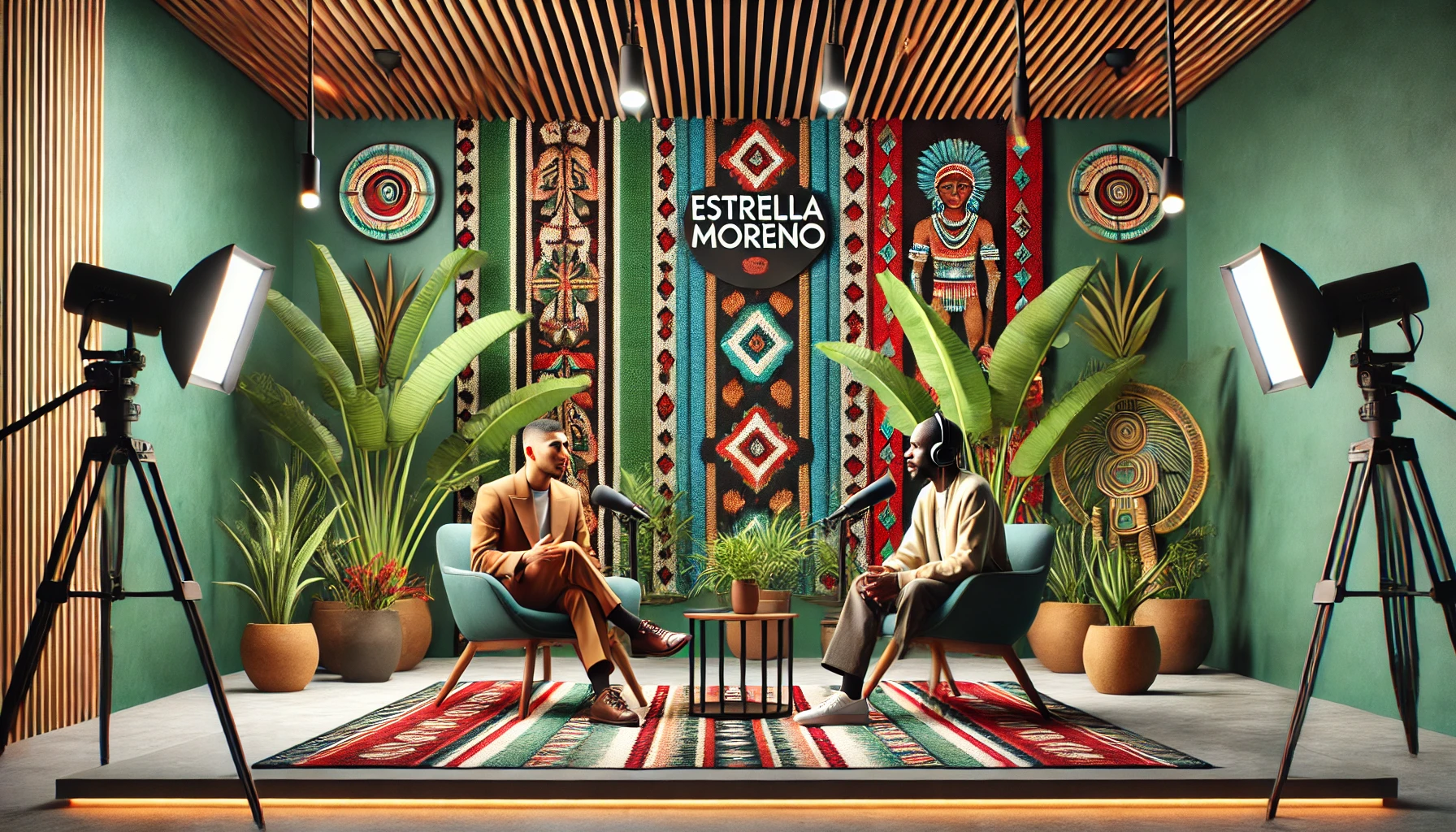 DALL·E 2024-11-16 08.58.44 - A hyper-realistic studio design for 'Estrella Moreno', an Indigenous and Afro-Latin media company, featuring two individuals in an interview setting.